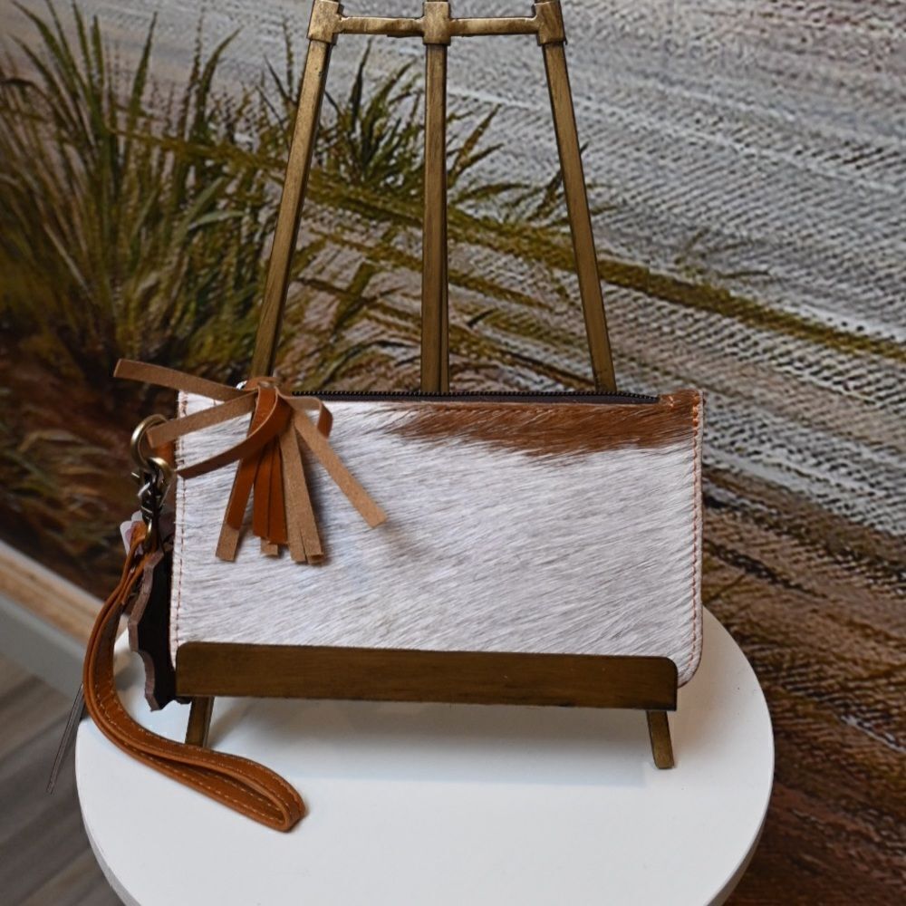 Klassy Cowgirl Hair on Cowhide Clutch Wristlet - brown and white